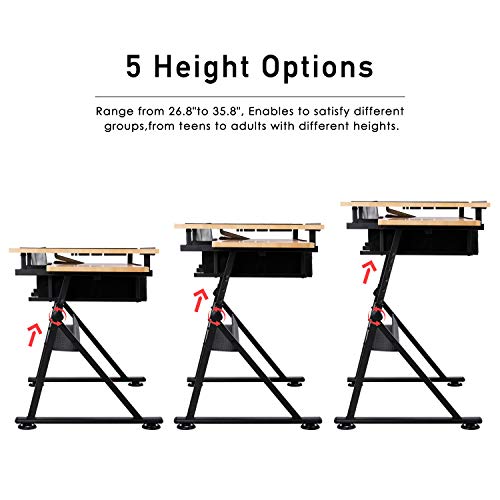 HOMFY Drafting Desk Adjustable Draft Drawing Table Tabletop Tilted Art Craft Work Station for Adults, Artists and Architecture - Wood