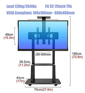 SSZY Adjustable Bedroom TV Stand for 32-50 Inch TV, Black Heavy Duty Rolling Cart with Wheels & Camera/AV Shelf, 120Kg Capacity