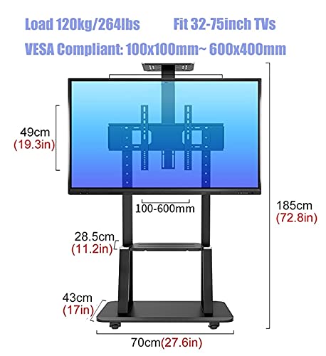 SSZY Adjustable Bedroom TV Stand for 32-50 Inch TV, Black Heavy Duty Rolling Cart with Wheels & Camera/AV Shelf, 120Kg Capacity