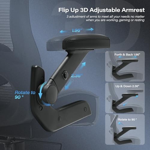 Coolka Big and Tall Office Chair 500lbs - Ergonomic Mesh Desk Chair with Adjustable Lumbar Support, Headrest, 3D Flip Up Arms, Metal Base - High Back Executive Computer Chair, Extra Wide Seat, Black