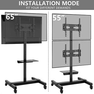 TVON Mobile Dual TV Stand for Four 32-65 Inch Screens, Rolling Cart with Wheels, Tilt Mount - Holds 132 lbs