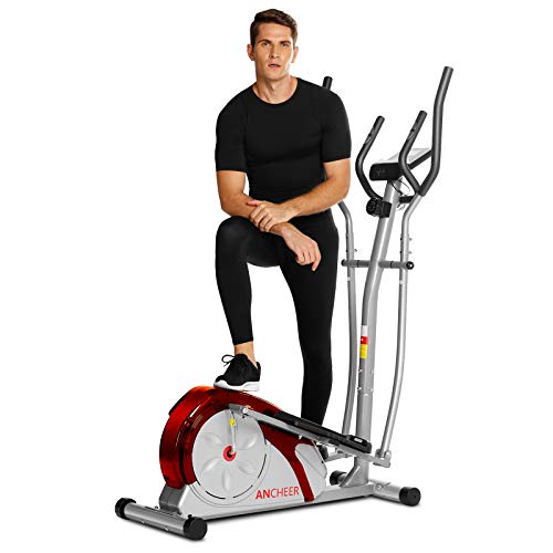 ANCHEER Magnetic Elliptical Machine, Fitness Compact Ellptical Machine with Digital Monior, 8 Level Resistance, LCD Heart Rate Sensor for Home Use Cardio Training (Red)