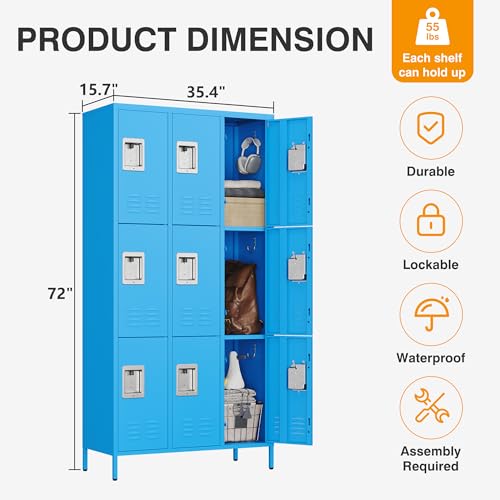 STANI Metal Lockers with Shelves, 9 Doors Lockable Steel Cabinet (Blue)