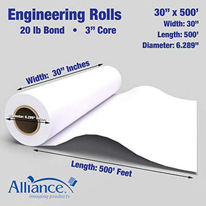 Alliance Wide Format Paper 30” x 500’ Rolls Bond Engineering 92 Bright 20lb - 45 Rolls per Pallet with 3” Core