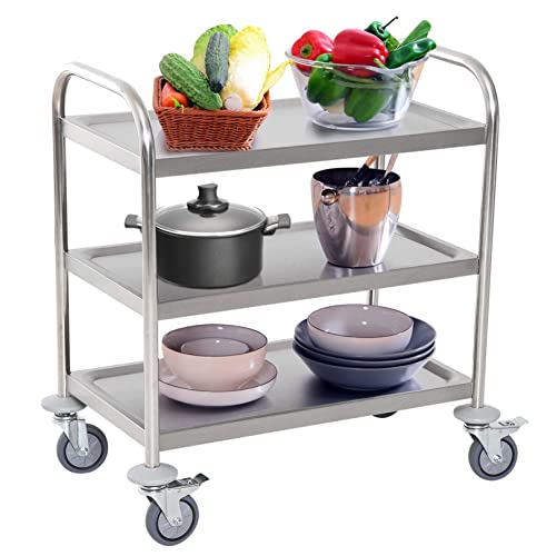 Large Stainless Steel Utility Cart, 3 Tier Rolling Kitchen Service Cart with Locking Wheels