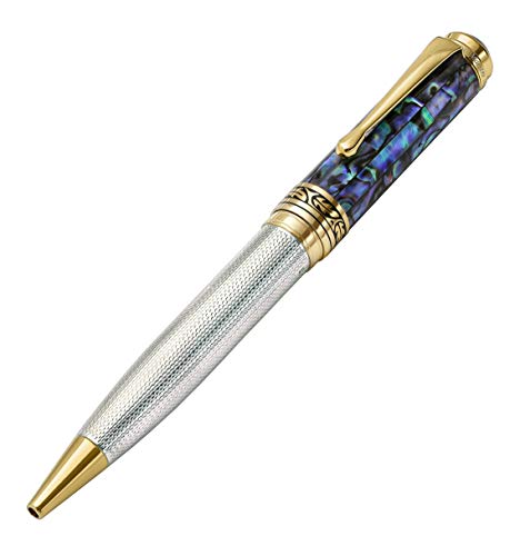 Xezo Maestro Solid 925 Sterling Silver Blue Paua Sea Shell Luxury Ballpoint Pen. No Two Alike, Serialized. 18k Gold Plated (Maestro 925 Sea Shell B)