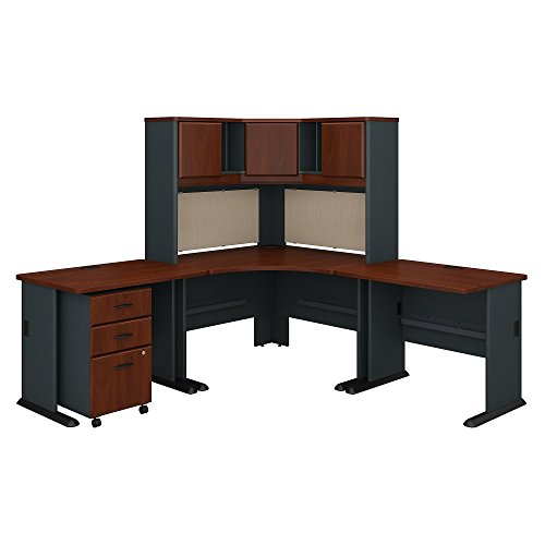 Bush Business Furniture Series A 84W x 84D Corner Desk with Hutch and Mobile File Cabinet in Hansen Cherry and Galaxy