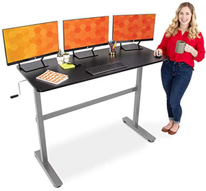 Stand Steady Tranzendesk 55 Inch Standing Desk | Easy Crank Height Adjustable Sit to Stand Workstation | Modern Ergonomic Desk Supports 3 Monitors | Great for Home & Office! (Black Top/Silver Frame)