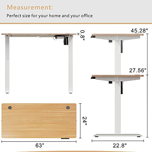Meilocar Height Adjustable Electric Standing Desk, Sit Stand Computer Desk w/Memory Controller, Home Office Workstation Stand up Desk with Splice Board, 63" x 24" Tabletop (Walnut Top + White Frame)
