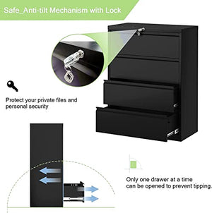 JAORD 4 Drawer Metal Lateral File Cabinet, Locking Steel Filing Cabinet for Home Office - 4 Draw Wide-Black