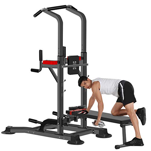 wavsurf Power Tower Workout Dip Station for Home Gym Strength Training Fitness Equipment with Dumbbell Bench