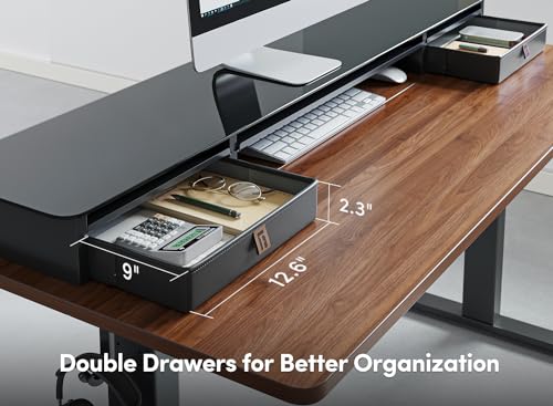 FEZIBO Height Adjustable Glass Electric Standing Desk with Double Drawer, Storage Shelf - 48 x 24 Inch, Black Walnut