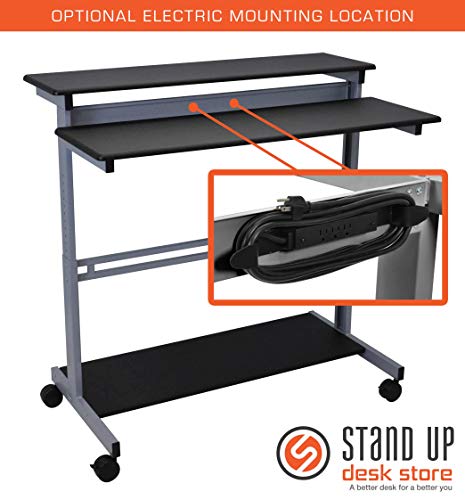 Stand Up Desk Store Rolling Adjustable Height Two Tier Standing Desk Computer Workstation (Silver Frame/Black Top, 48" Wide)