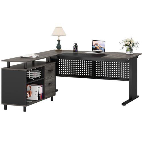 Tribesigns 63 Inch Executive Desk with File Cabinet, L Shaped Computer Desk, Gray and Black