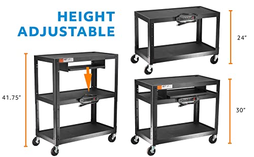 POCHAR Extra Large 3 Tier Rolling Cart with Power Strip - Heavy Duty Utility Cart - 14 Gauge 2mm Durable - Supports Up to 300 LBs - Black