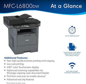 Brother MFC All-in-One Wireless Monochrome Laser Printer, Black- Print Copy Scan Fax - 48 ppm, 1200 x 1200 dpi, 4.85" LCD, NFC, 512MB Memory, Auto Duplex Printing, 80-Sheet ADF, Printer Cable