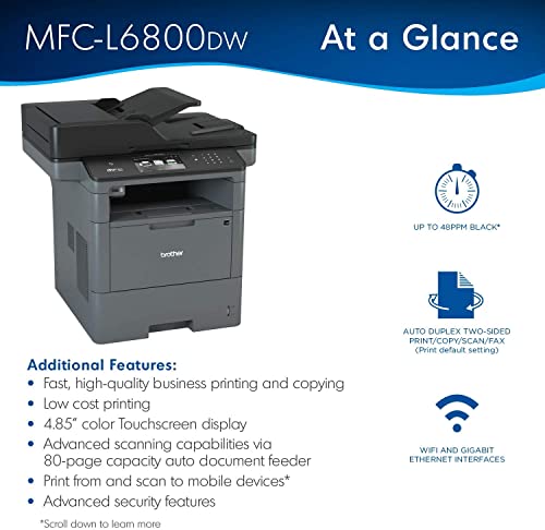 Brother MFC-L6800DWB All-in-One Wireless NFC Monochrome Laser Printer Office - Print Copy Scan Fax - 48 ppm, 4.85" Touchscreen LCD, 512MB RAM, Auto Duplex Printing, 80-Sheet ADF, Tillsiy Printer Cable