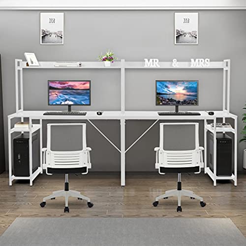 Wohaha 2 Person Long Computer Table with Storage Shelves 94", Gaming Desk Home Office Writing Workstation Table with 2 Host Shelves & Bookshelf, Industrial Modern Simple Style Laptop Desk (White)