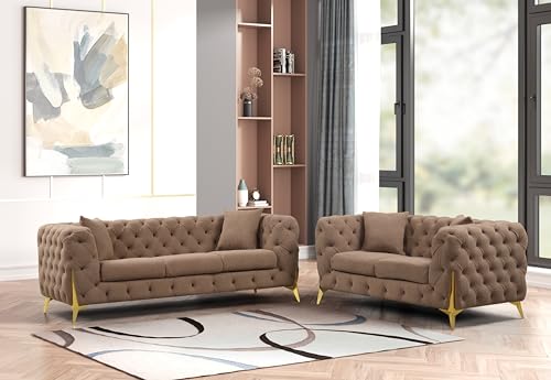 Generic Modern Buckle Fabric Living Room Set - Brown Wood (2Pc Contempo)
