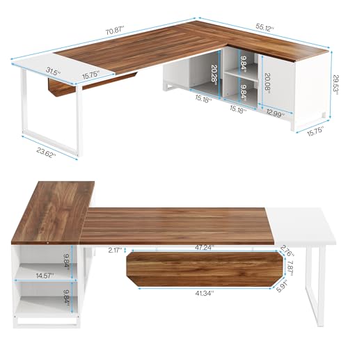 Tribesigns L-Shaped Executive Desk with File Cabinet, Walnut White