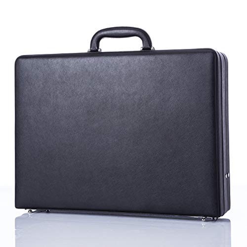 Leather Mens Briefcase Hardsided Attaché Hard Shell Vintage Outlook Organized Interior- Black