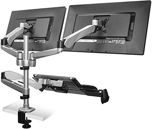Mount-It! Dual Monitor and Laptop Desk Stand Mount with Mouse Pad Holder | 3 Gas Spring Arms | Fits Monitors up to 27 Inches | Laptop Notebook Tablet or Keyboard Tray Included | C-clamp Base | Silver