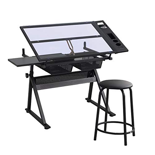 Glass Drafting Table Art Desk with Storage Drawer, Adjustable Tabletop Tilting & Height Black Laptop Desk for Living Room Bedroom Study