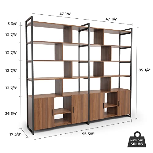 EUREKA ERGONOMIC Bookshelf with Doors, Adjustable 5 Tier Storage Cabinet, 95" Large Open Shelves - Walnut