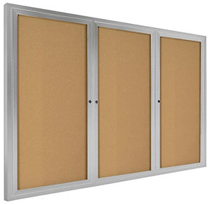 72 x 48 Inch Three-Door Enclosed Bulletin Board for Indoor Use, 6 x 4 Foot Cork Tack Board with Z-bar Wall-mounting Bracket, Silver Aluminum Frame
