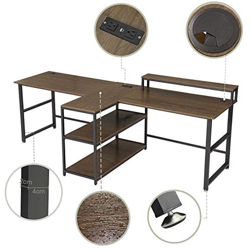Sedeta 94.5 inches Computer Desk, Two Person Desk, Double Desk with Storage Shelves, Extra Long Workstation Desk with Monitor Stand, Power Strip with USB, Study Writing Desk for Home Office, Walnut