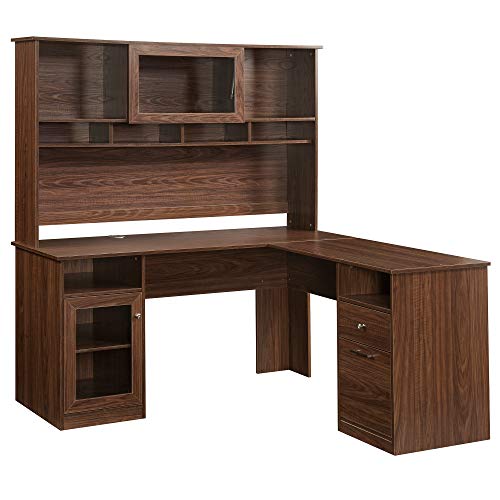 Home Office L-Shaped Desk with Hutch and Glass Doors, Writing Workstation with Shelves and File Cabinet for Home Office (Brown) (Brown)
