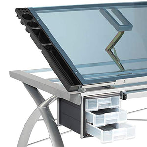 Offex Contemporary Blue Tempered Glass Top Futura Craft Station - Silver