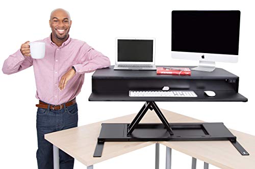 Flexpro Power 40 Inch Electric Corner Desk | 2 Level Standing Desk Converter with Quiet Height Adjustments | Large Dual Level Sit to Stand Workspace | Great for Cubicles! (Corner / 40")