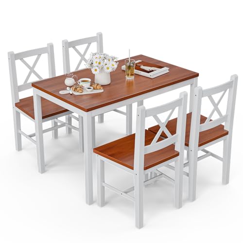 AOVSA Solid Wood 5-Piece Dining Table Set for 4 - Farmhouse Kitchen Furniture