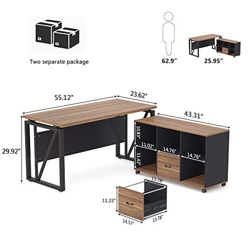 Tribesigns L-Shaped Computer Desk, 55 inches Executive Desk with lateral File Cabinet, Gaming Desk Business Furniture with Drawers and Storage Shelves, Rustic Home Office Table