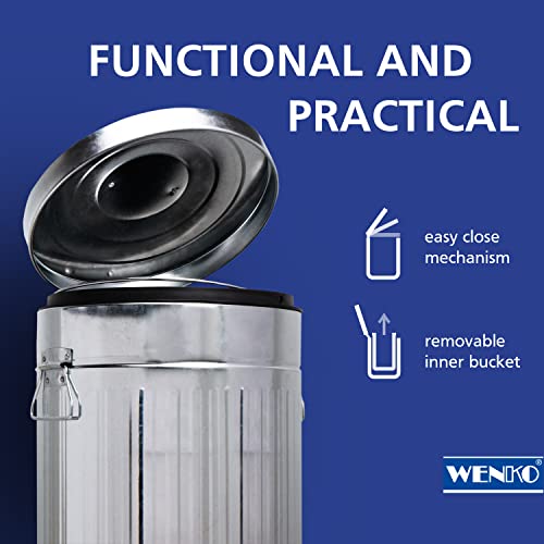 WENKO Step Trash Can with Lid and Pedal, Retro Metal Garbage Bin, for Kitchen, Office, Outdoor, Soft Close, 7.93 Gal, 12.2 x 27.17 x 12.2 in, Gray