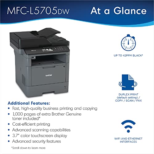 Brother MFC-L5705DWA All-in-One Wireless Monochrome Laser Printer - Print Copy Scan Fax - 42 ppm, 1200 x 1200 dpi, 3.7" Touchscreen LCD, 256MB Memory, Auto Duplex Printing, 50-Sheet ADF, Printer Cable