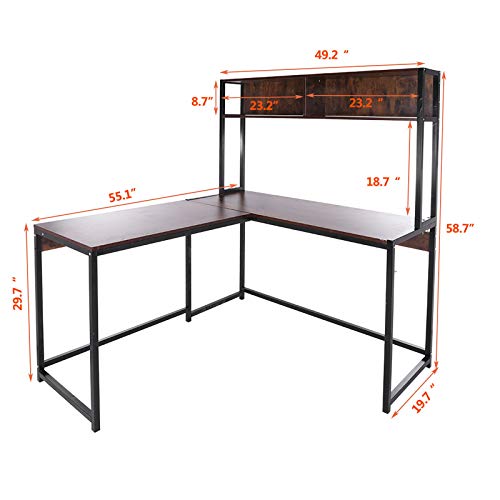 L-Shaped Computer Office Desk, with Book Shelves, 55" Corner Gaming Desk,Office Writing Workstation, Study Writing Desk Business Furniture for Home Office, Space-Saving, Easy to Assemble (Brown)
