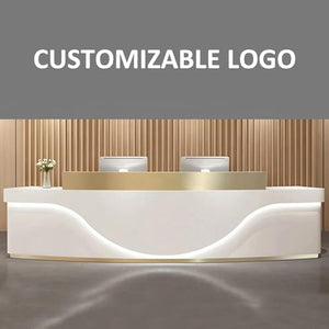KAGUYASU Modern Curved Reception Desk with Light, Checkout Counter Hutch, Retail Counter Table, Lockable Drawer Door File Cabinet, Office Computer Front Desk (Grey + Gold Stainless Steel, 149.61")