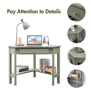 Lipo Corner Desk, 29.7" × 29.7" Home Office Computer Table, Space-Saving Laptop PC Table Writing Study Table with Drawers and Storage Shelf,Green