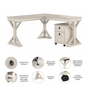 Bush Furniture Homestead Farmhouse L Shaped Desk with Mobile File Cabinet, Linen White Oak
