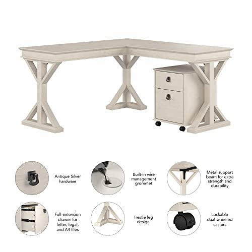 Bush Furniture Homestead Farmhouse L Shaped Desk with Mobile File Cabinet, Linen White Oak