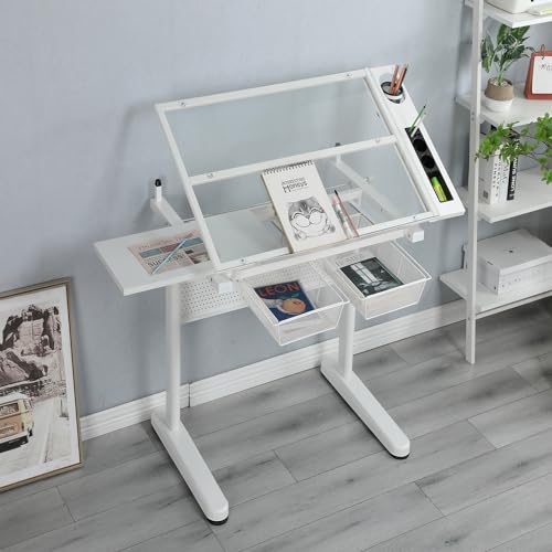 Aursrenty Drafting Table with Stool and Tilting Tabletop - Art Craft Desk with Drawers