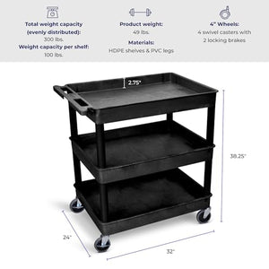 Stand Steady Tubstr Large 3 Shelf Utility Cart | Made in USA | Heavy Duty | Holds 300 lbs. | Storage & Rolling Tool Cart (32 x 24in / Black)