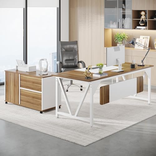 Tribesigns Executive Desk with File Cabinet Combo, L-Shaped Computer Desk, 3 Drawers, White