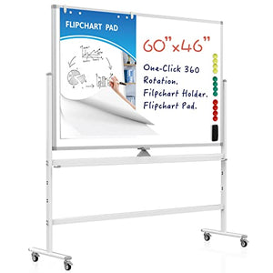 Large Mobile Rolling Magnetic Whiteboard - 60 x 46 Inches Height Adjust Double Sides Portable White Board on Wheels, Dry Erase Board Easel with Stand for Office, Home & Classroom