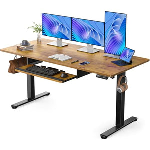 ErGear Large Electric Standing Desk with Keyboard Tray, 63x28 Inches Adjustable Height Sit Stand Up Desk - Vintage Brown
