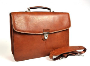 Tony Perotti Mens Italian Cow Leather Bella Russo Triple Compartment Leather Laptop Briefcase in Cognac