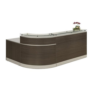 NBF Signature Series Esquire L-Shaped Reception Desk - Glass Top, Driftwood & Silver Laminate 79”Wx63”D