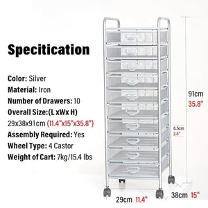 SaiFfe Rolling Metal Mesh File Cabinet with Wheels, 10 Drawers - Silver